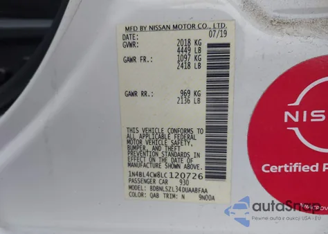 2020 Nissan Altima Sr Intelligent Awd z USA, uszkodzony, nr VIN 1N4BL4CW8LC120726